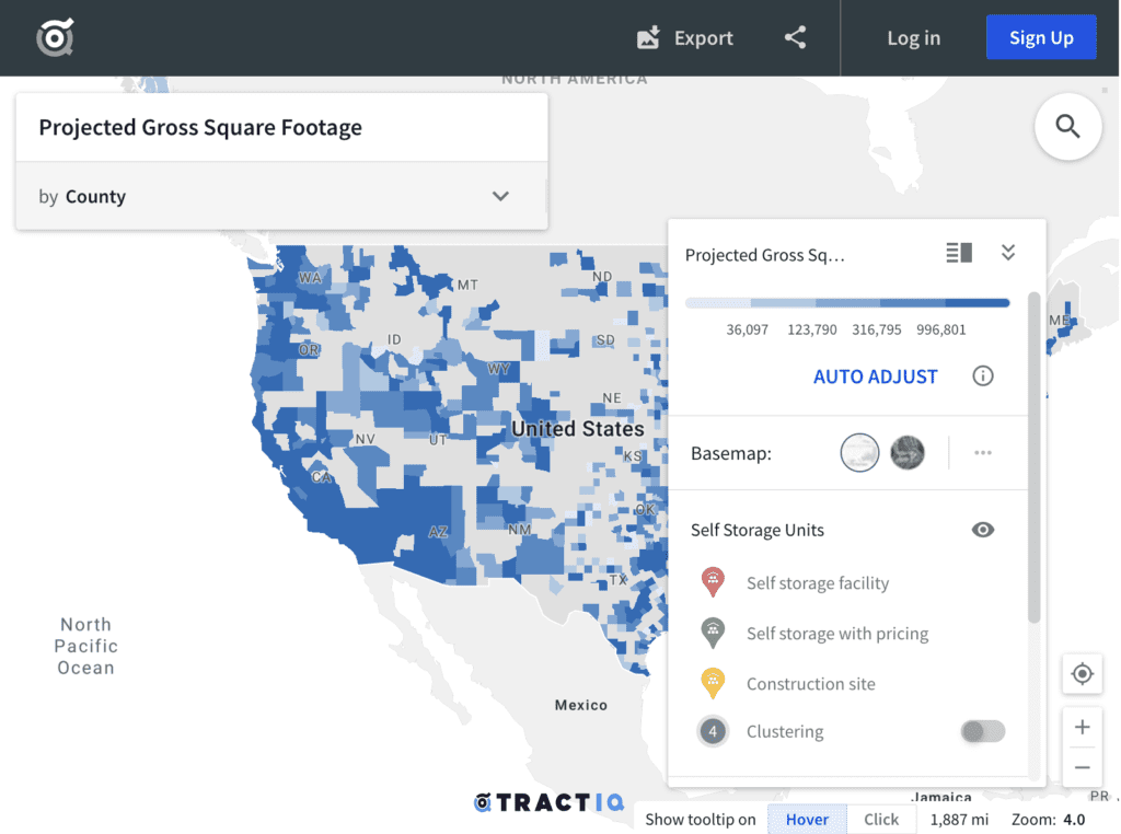 TractIQ self-storage market data platform screenshot