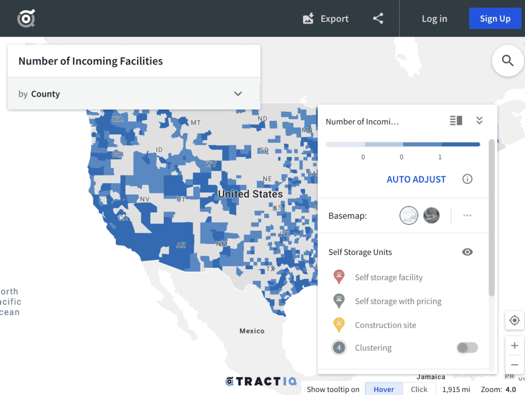 TractIQ self-storage market data platform screenshot