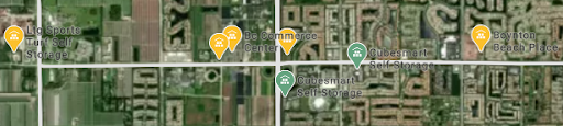 Google Maps view showing multiple self-storage facility locations, highlighting competition and nearby developments
