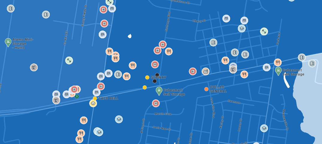 Map highlighting self-storage locations, commercial construction projects, and signal brands like Taco Bell, Dollar General, and Subway 