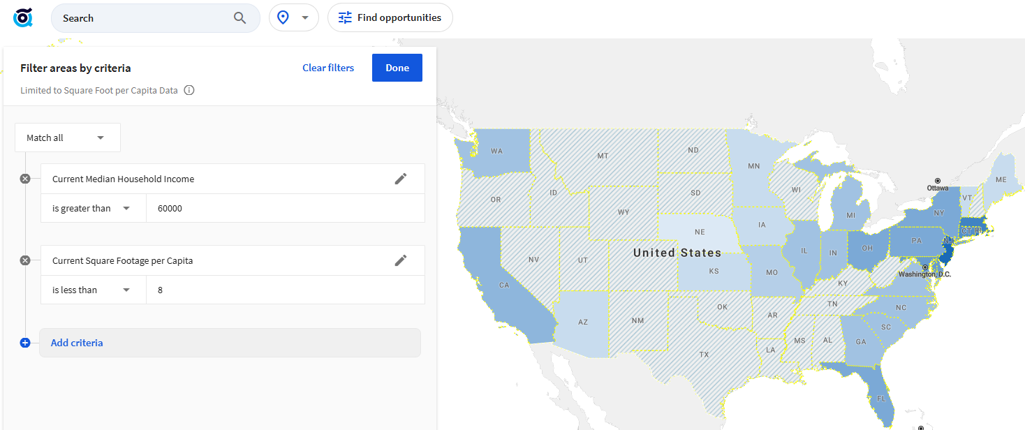 Interactive U.S. map with property search filters on the left side using TractIQ to find self-storage investment opportunities