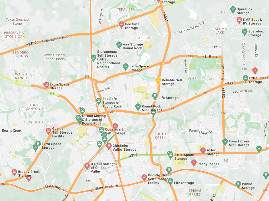 Map showing daily traffic volumes and self-storage facility locations near major highways and roads 