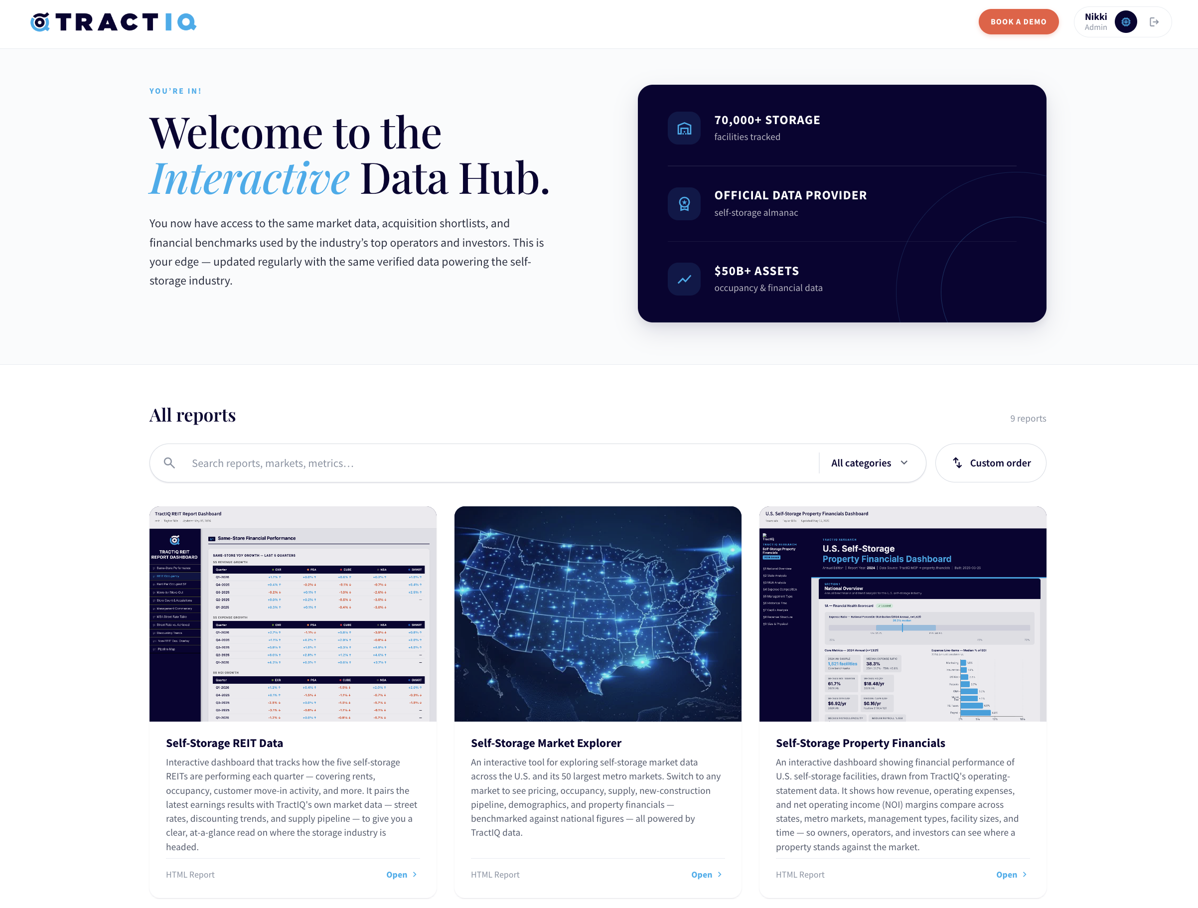 Preview of the TractIQ Interactive Hub  welcome screen with all reports and live self-storage market data