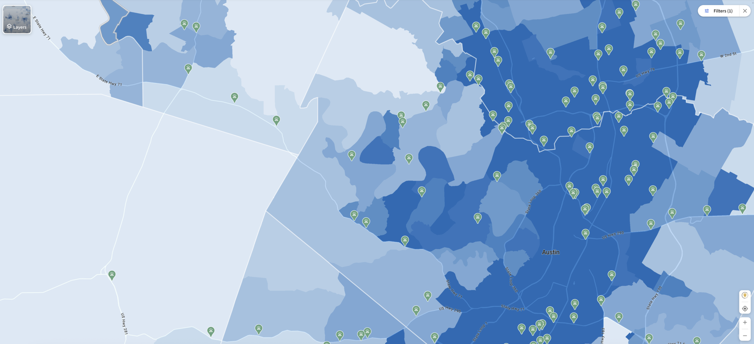 TractIQ map with self-storage listings